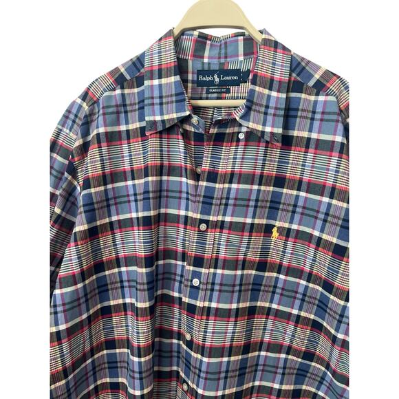 RALPH LAUREN MENS BUTTON DOWN DRESS SHIRT RED WHITE BLUE PLAID CLASSIC FIT XXL - Picture 3 of 12